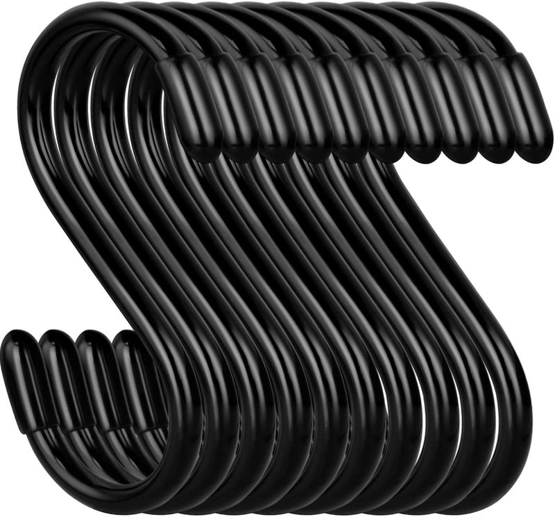 DINGEE 20 Pack Rubber Coated S Hooks for Hanging Plants,Heavy Duty S Hook,Non Slip 3 Inch Closet S Hooks,Steel Metal Black Vinyl Coated Small Hanging Hook for Jeans Pots and Pans Coffee Cups - Image 1